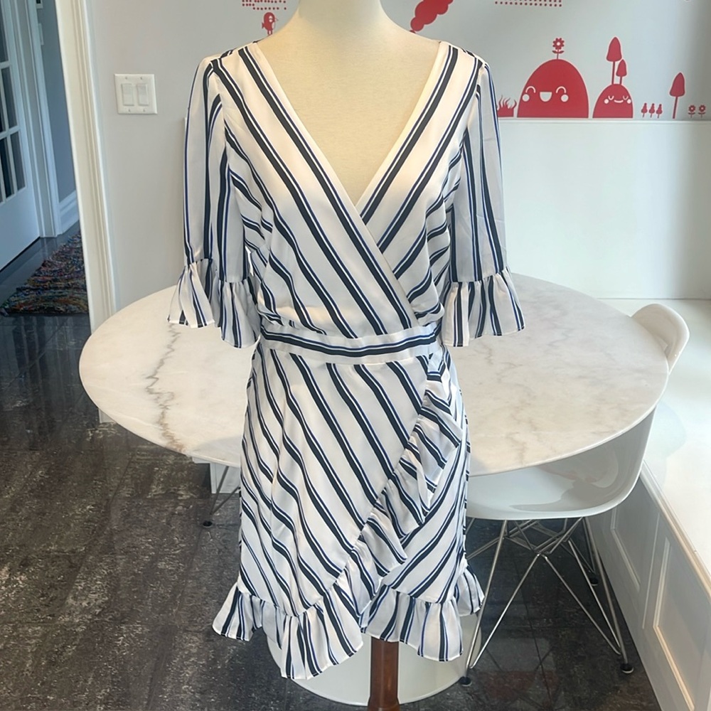 BB Dakota White and Navy Striped Wrap Mini Dress